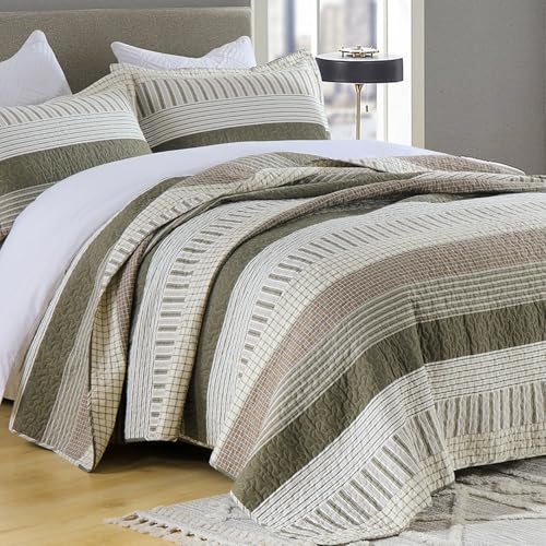 Finlonte 100% Cotton King Size Quilt Set, Patchwork Striped King Quilt Bedding Set Farmhouse Bedspread, Lightweight Quilted Comforter Reversible Bed Spread for All Season, Green/Brown/Cream, 3 Pieces