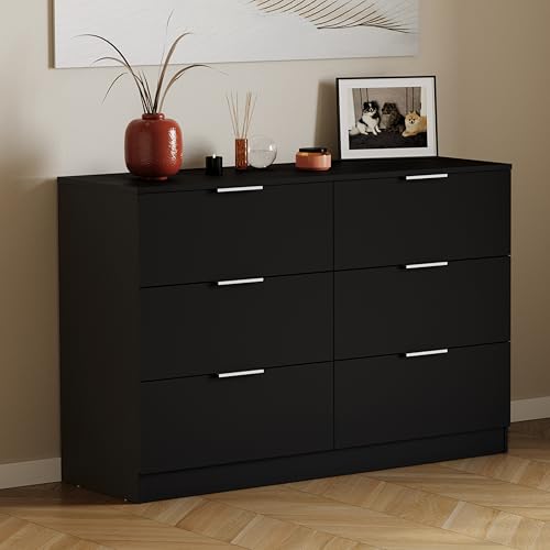 Vida Designs Trega 6 Drawer Chest of Drawers Black - Wide Space-Saving Bedroom Storage Unit - 80Hx110Wx36Dcm - Anti-Bowing Support, Silver Handles, Glide Runners - For Bedroom, Nursery & Guest Room