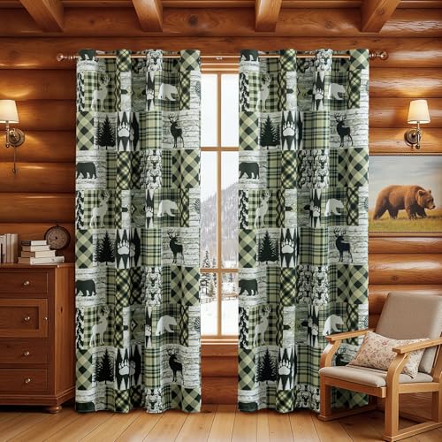 Green Rustic Cabin Curtains 2 Panels Country Style Curtain 50% Light Blocking Darkening Grommet Window Treatments Farmhouse Patchwork Plaid Drapes Decorative for Living Room Bedroom, 52x96 inches