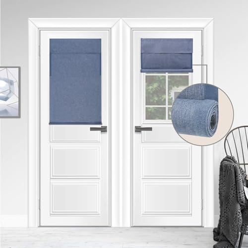 "WdFour Blackout French Door Curtains, Triple Layers 100% Light Blocking & UV Protect, Noiseless Adjustable Roller Shade, No Drill Window Blinds for Office, Ward, Home(26"" Wx42 L,Stone Blue,Pack of 1)"