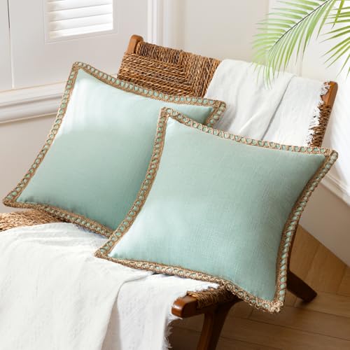 Phantoscope Pack of 2 Farmhouse Decorative Throw Pillow Covers,Solid pattern for home Burlap Linen Trimmed Tailored Edges Light Turquoise 18 x 18 inches, 45 x 45 cm