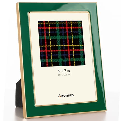 Axeman 5x7 Enamel Picture Frames with Tempered Glass-5 x 7 Modern Photo Frame with Gold Metal Edge Velvet Back for Tabletop and Wall Mount Display for Shelf, Desk & Countertop Decor, Green