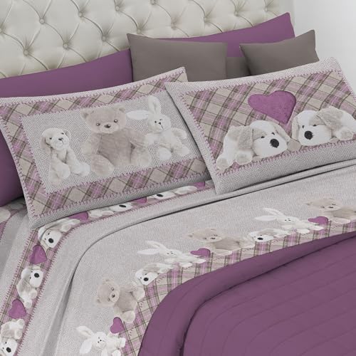 PENSIERI DELICATI Double Bed Set 100% Cotton, Complete Double Bed Sheet Set, 180 x 200 cm, Including Bottom Sheet, Top and 2 Pillowcases, Made in Italy, Pink Plush Pattern