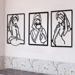CHENGU 3 Pieces Metal Minimalist Abstract Woman Wall Art Line Drawing Wall Art Decor Single Line Female Home Hanging Wall Art Decor for Kitchen Bathroom Living Room (Cup Style)