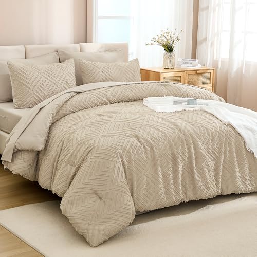 Andency Super King Plus Comforter 128x120, Khaki - 7 Pieces, Bed in a Bag, Extra Large King, Soft Lightweight Fluffy Polyester, Elegant Boho Tufted Reversible Bedding Set