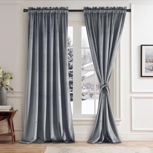 JIUZHEN Grey Velvet Curtains 96 inches for Living Room - Thermal Insulated Rod Pocket Room Darkening Window Curtains Super Soft Home Deco Blackout Velvet Drapes, 2 Panels with Tiebacks, 52W x 96L