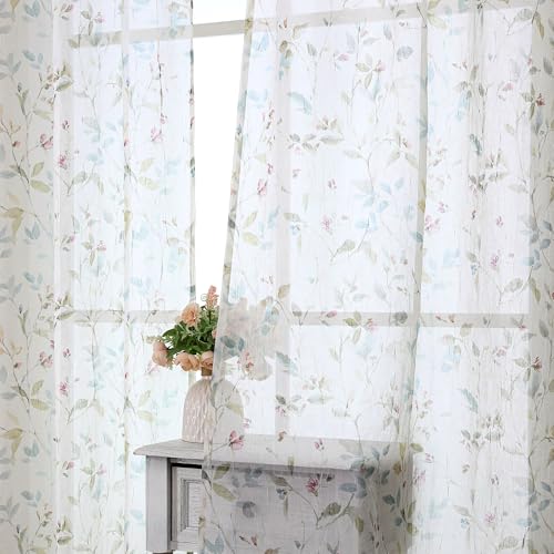 "OWENIE Floral Sheer Curtains for Bedroom Living Room 63 Inch Length 2 Panels, Farmhouse Light Filtering Printed Crushed Patterned Curtains, Rod Pocket Semi Sheer Drapes, Each 42"" W x 63"" L"