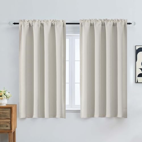 OVZME Natural Room Darkening Curtains for Bedroom 45 Inches Long 2 Panels Set, Solid Thermal Insulated Blackout Curtains, Energy Saving Soft Fabric Window Drapes, Dual Rod Pocket, 2x40Wx45L Inches