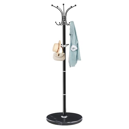 ZOZOE Metal Coat Rack Stand, Modern Coat Rack Freestanding with Natural Marble Base, 360° Rotary Design Coat Racks with 14 Hooks, Coat Tree for Bags, Hats, Entryway, Office