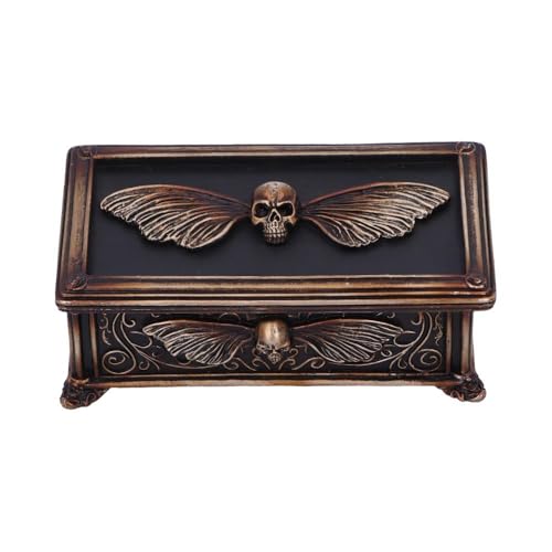 Death's Head Treasure Ornamental Box, Skull and Moth Design - Aged Bronze Finish, Gothic Resin Trinket Box for Home Decor