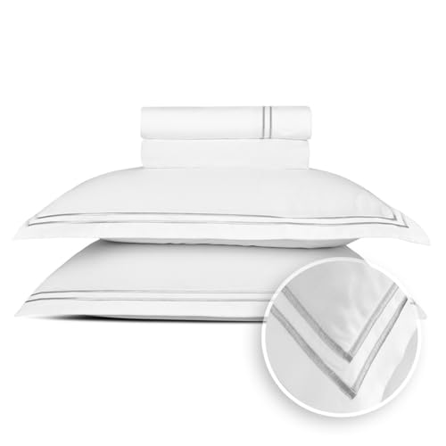 Pure Cotton Double Bedding Set 4-Piece - 100% Cotton Satin - Soft, Easy to Iron, Oeko-Tex - Duvet Cover 230 x 270 cm, Fitted Sheet 150 x 200 x 30 cm, Pillowcase 2 x 50 x 80 cm - Silhouette - Grey