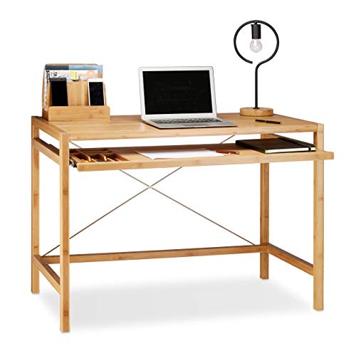 Relaxdays Wooden Computer Table, Keyboard Drawer, Solid Office Desk, HxWxD: 76.5 x 106.5 x 55.5 cm, Natural Brown