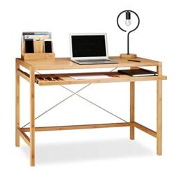 Relaxdays Wooden Computer Table, Keyboard Drawer, Solid Office Desk, HxWxD: 76.5 x 106.5 x 55.5 cm, Natural Brown