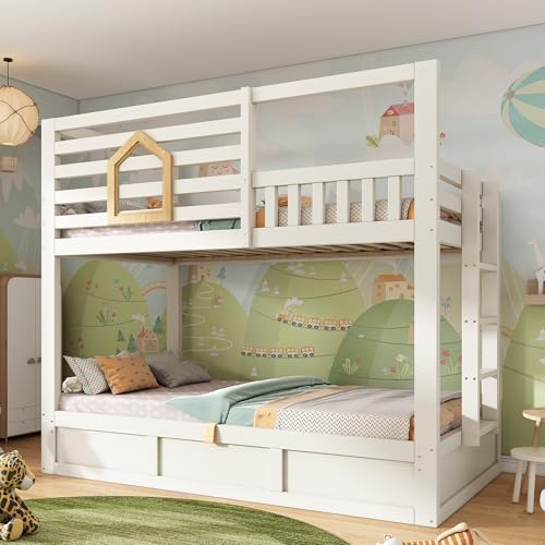 Ball & Cast Double Bunk Bed,Children's Twin sleeper Bunk beds,with Ladder&under Hydraulic Storage&wooden window design&Fall Protection and Railings, White&Natural(90+90) x190cm