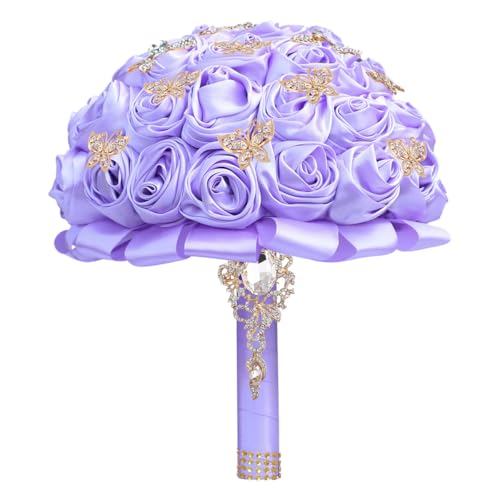 "Mhojpik Handmade Wedding Flowers Bouquet Round Holding Bridal Bouquet Toss Artificial Rose Bunch for Bride Bridesmaid Wedding Quinceanera (Light Purple, 8.7"")"