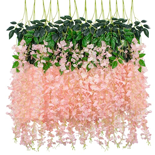 LUZOGA 14 Pack 3.6 Feet/Piece Artificial Wisteria Flower Fake Silk Flowers String Vine Ratta Hanging Garland for Home Garden Party Wedding Backdrop Arch Decor (Light Pink)
