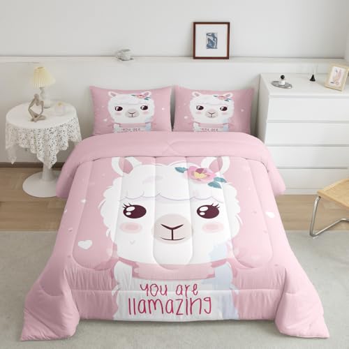 Feelyou Cute Llama Comforter Set Twin Size Soft Girls Pink Llama Alpaca Bedding Set with Pillow Case Cute Polka Dots Bathroom Comforter Boys