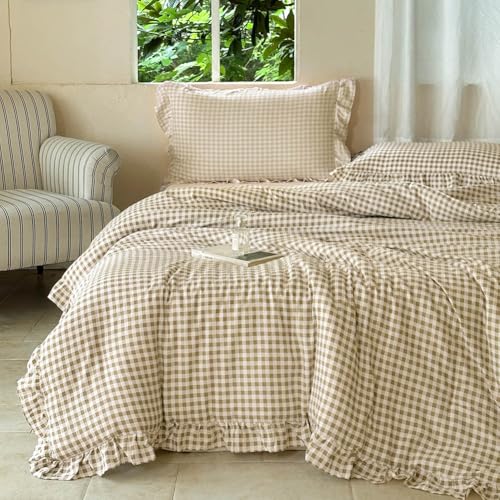 NSNLGSGC Tan Ruffle Gingham King Comforter Set - Pre-Washed Ruffled Plaid Bedding Set, Soft Breathable and Cottage