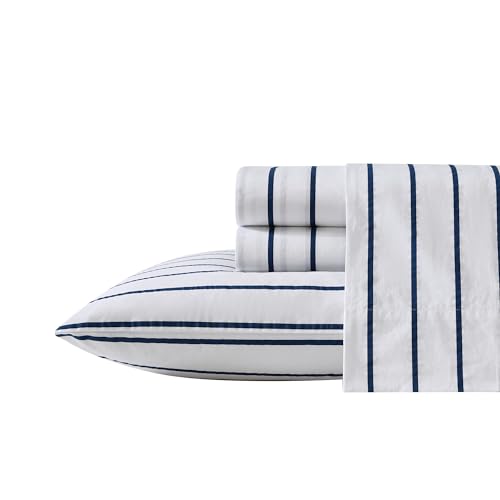 Nautica - King Sheet Set, Cotton Percale Bedding Set, Crisp & Cool, Lightweight & Breathable (Brenton Stripe Navy Blue, King)