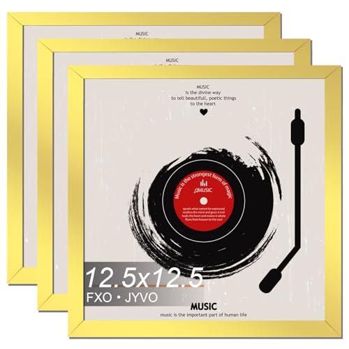 Vinyl Record Frame Display for 12 inch LP with 12.5x12.5 Album Cover - Gold 12.5 x 12.5 Frame Light Weight with High-Clarity Plastic Wall Mount - 3 Packs/Gold