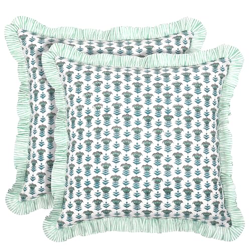 Ridhi Modern Farmhouse Pillow Covers Decorative Cotton Throw Pillow Covers Set of 2 Aquamarine Blue Cushion Covers with Ruffle for Couch Sofa Bed Living Room Spring Home Decor 18x18
