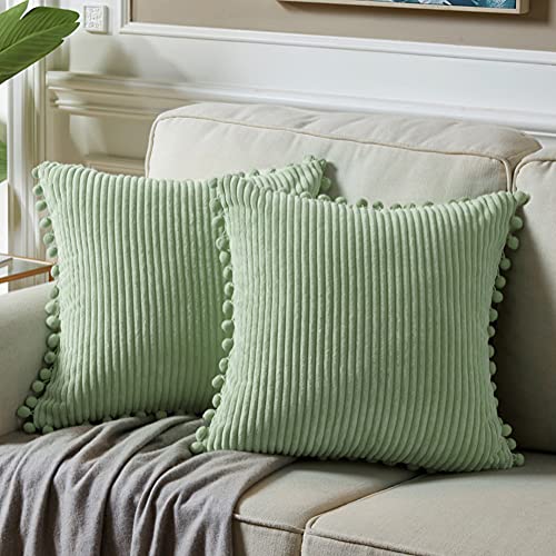 Fancy Homi Pack of 2 Sage Green Decorative Throw Pillow Covers with Pom-poms, Soft Corduroy Solid Square Cushion Cases Set for Couch Sofa Bedroom Car Living Room (18x18 Inch/45x45 cm, Sage Green)