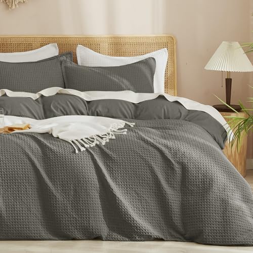 "PHF Waffle Weave Duvet Cover Set Twin/Twin XL Size, No Snagging Ultra Soft Luxury Textured Breathable Comforter Cover for All Season 2pcs, Durable Bedding Duvet Set with 1 Pillow Sham, 68""x90"", Grey"