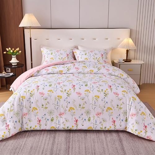 Koniroom Pink Queen Comforter Set - White 3 Piece Wildflower Floral Bedding Set, Cute Botanical Soft Reversible Comforter and 2 Pillow Shams for Teen Girls and Women