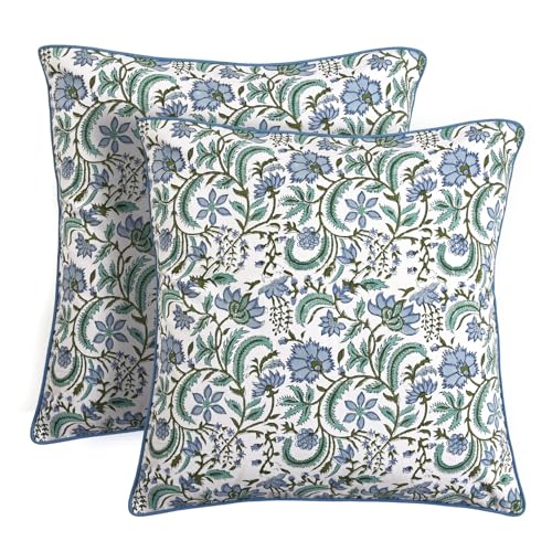 "Ridhi Block Print Columbia Blue Pillow Cover 20"" x 20"" (Pack of 2) Decorative Couch Pillows for Living Room, Chic Boho Cute Outdoor Pillows Covers Gifts for Spring, Easter and Valentine"