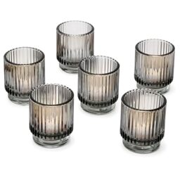 Smoke Gray Vintage Ribbed Glass Tealight Votive Candle Holders by Kate Aspen (Set of 6), Fall Decor, Boho Decor, Shelf Decoration - Perfect Hostess Gift or Home Decor