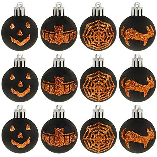 Cackle & Co 12 Pack Mini Halloween Tree Baubles Glittery Party Decoration 4cm Black Orange