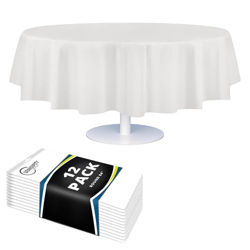 "Grandipity White 84"" Round 12 pack Premium Disposable Plastic Tablecloth 84 Inch Round Table Cover"