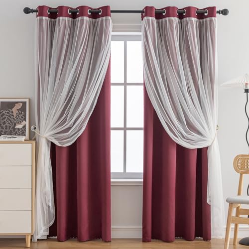 Anytime Home Curtains Blackout and Sheer Layered Solid Window Curtain Panel Pair with Grommet Top, 52Wx72L,Wine Red