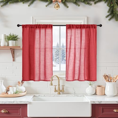 BGment Red Linen Short Curtains 36 Inch Length for Window, Small Drapes for Farmhouse Cafe Over Sink Bathroom Decor Lightweight Rustic Country Textured Rod Pocket, 2 Panels Set, Each 24 Inch Wide