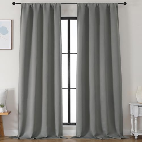 Simplebrand Light Grey Blackout Curtains for Bedroom 96 Inches Long 2 Panels, Solid Thermal Insulated, Energy Saving Living Room Window Treatment Curtains Blackout Drapes, W50 x L96 Inch, Light Grey