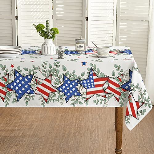 Horaldaily 4th of July Tablecloth 60x140 Inch, Patriotic Eucalyptus Star Independence Day Memorial Day Table Cover for Party Picnic Dinner Decor