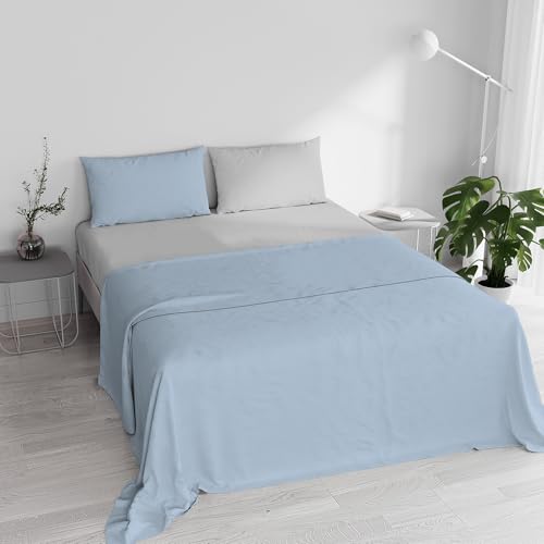 Double Bed Sheet Set, 100% Natural Cotton, Made in Italy – Complete Bed Set, Fitted Sheet, Top Sheet 240 x 300 cm and Pillowcases with Inner Flap, Light Blue/Light Grey