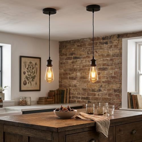 2 Pack Industrial Twisted Fabric Cable Pendant Light E27 Black Holder 1m
