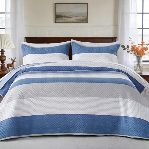 "GOONE XL Queen Quilt Set 90""x96"", Blue Striped Bedspread Classic Nordic Bedding Set, Lightweight Spring & Summer Quilt Set, Reversible Bed Coverlet, Quilt Queen Size with 2 Pillow Shams All-Season"