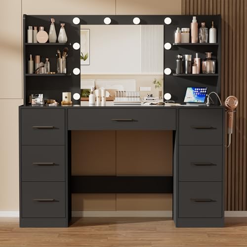 JUMMICO Dressing Table with Mirror and 10 LED Lights,3 Colors Adjustable  Brightness,Vanity Desk with 7 Drawers,Makeup Vanity with Power Outlet and  Open Shelves,Modern Furniture for BedroomBlack by Amazon | uFurnish.com