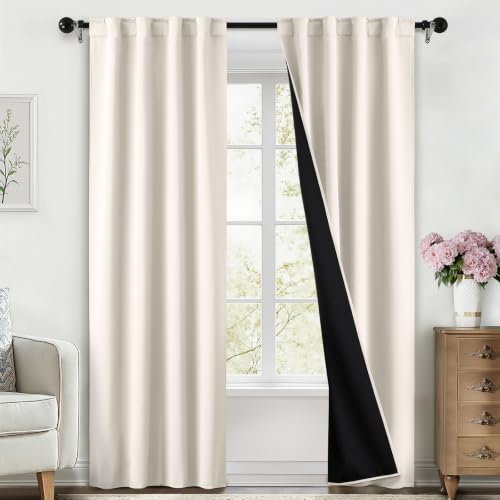 SimpleHome 100% Blackout Curtains for Bedroom,84 Inch Curtains for Living Room Rod Pocket and Back Tab Window Drapes Room Darkening Cream Curtain with Black Back,40 x 84 Inch,2 Panels