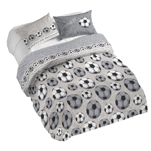 PENSIERI DELICATI 100% Cotton Double Duvet Cover Set, Complete with 250 x 200 cm Bag and 2 Pillowcases 52 x 82 cm, Made in Italy, Duvet Cover Machine Washable At 40 Degrees, Grey Football Design