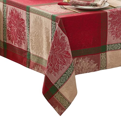 "Elrene Home Fashions Prestige Poinsettia Jacquard Woven Cotton Christmas/Holiday Rectangle Tablecloth, 60""x120"""
