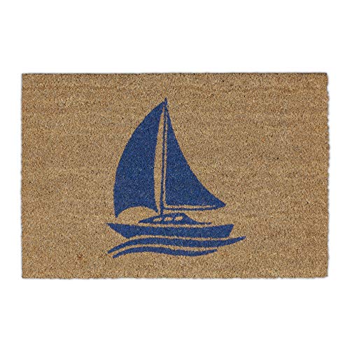 Relaxdays Coir Doormat with Sailing Design, Door Mat Exterior and Inside, Nautical Coconut Mat, W x D: 60 x 40 cm, Natural/Blue, 1 Piece