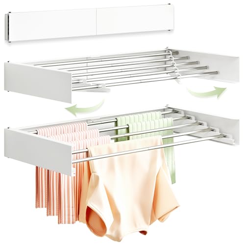 BOQORAD Clothes Drying Rack Wall Mounted 32???,Drying Rack Clothing Wall Mount,Laundry Drying Rack,Wall Mounted Clothes Hanging Rack (White)
