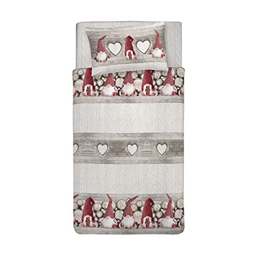 PENSIERI DELICATI Single Duvet Cover Set 100% Cotton, Complete with Bag 155 x 200 cm and 1 Pillowcase 52 x 82 cm, Made in Italy, Duvet Cover Washable In Machine At 40 °, Pattern Gnome Red