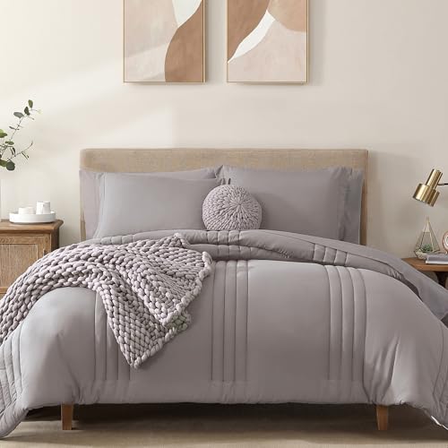 Full Size Comforter Set-7 Pieces Purple Soft Bed in a Bag Full Bedding Sets - Monbix All-Season Vertical Quilted Comforter with Sheets, Pillow Shams & Pillowcases