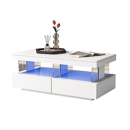 Merax Coffee Table Rectangular Living Room, White High Gloss, 2 Drawers, Open Storage Space, 16 Colors LED Lights, 100x60x49.5 cm