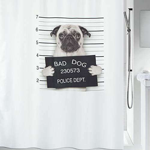 "Spirella ""Bad Dog Pug Shower Curtain, Polyester, Black/White, 180 x 180 cm"