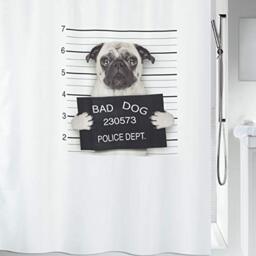 "Spirella ""Bad Dog Pug Shower Curtain, Polyester, Black/White, 180 x 180 cm"